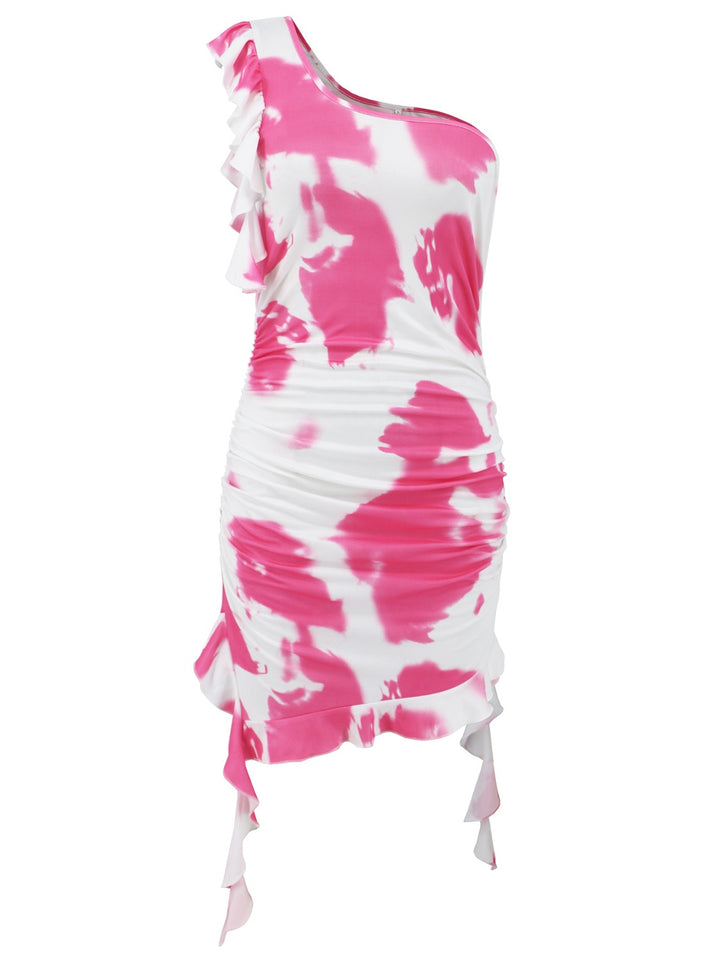 Ruffled Tie-Dye Single Shoulder Mini Dress | Trendsi