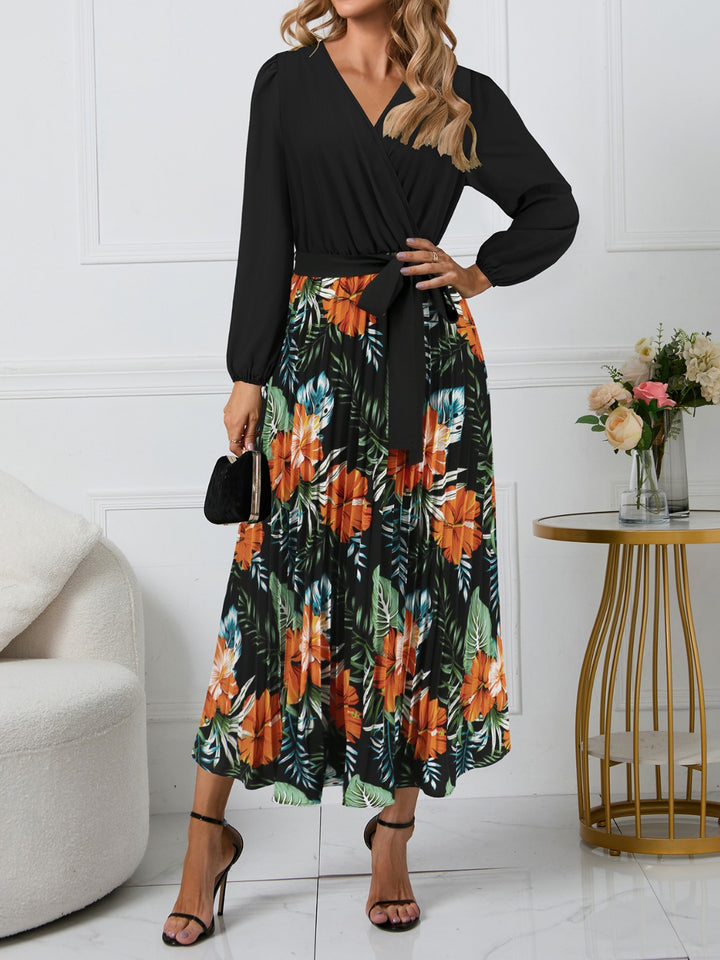 Pleated Printed Surplice Long Sleeve Dress | Trendsi