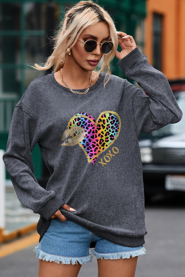XOXO Leopard Round Neck Sweatshirt | Trendsi