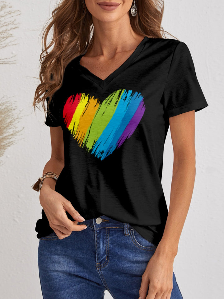 Heart V-Neck Dropped Shoulder T-Shirt | Trendsi