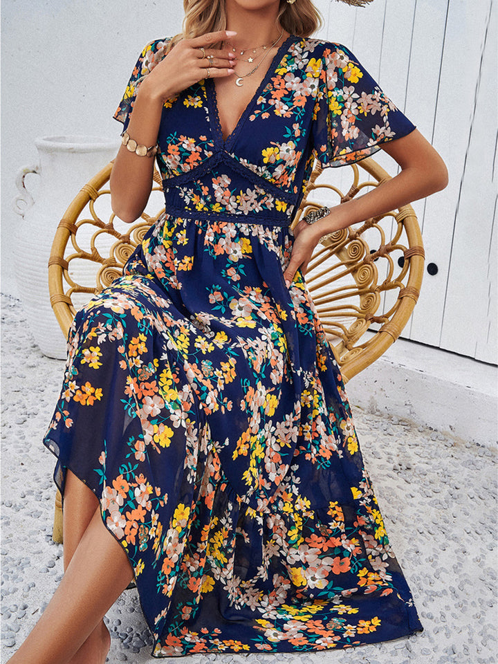 Printed V-Neck Flutter Sleeve Midi Dress | Trendsi