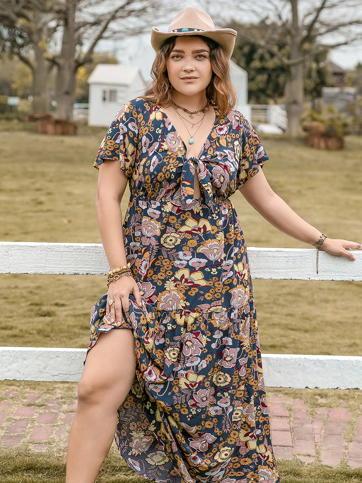 Plus Size Tied Printed Short Sleeve Midi Dress | Trendsi