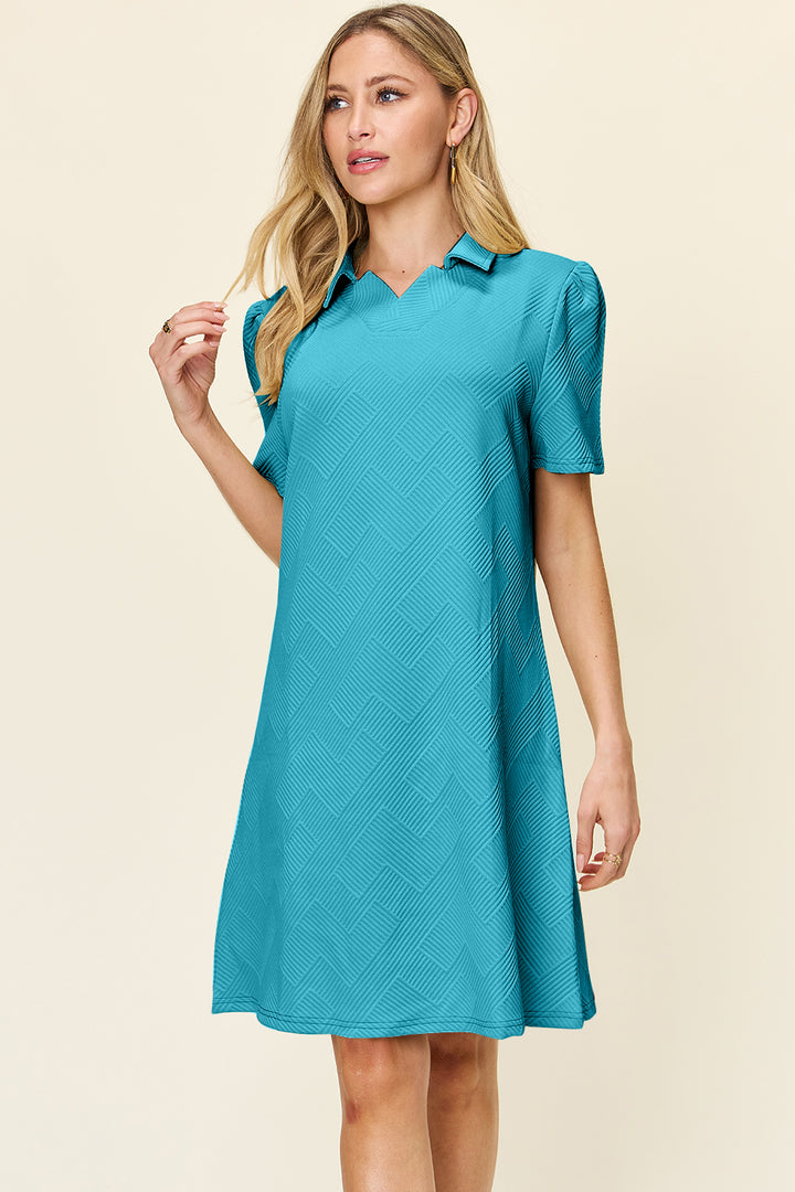 Double Take Full Size Texture Collared Neck Short Sleeve Dress | Trendsi