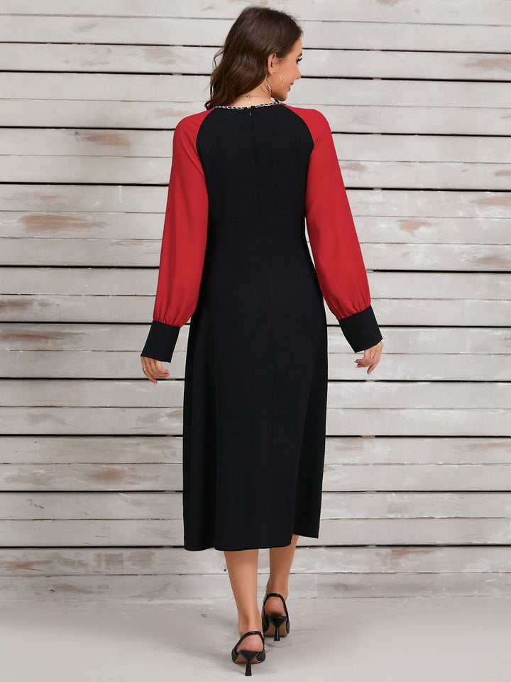 Ruched Contrast Long Sleeve Midi Dress | Trendsi