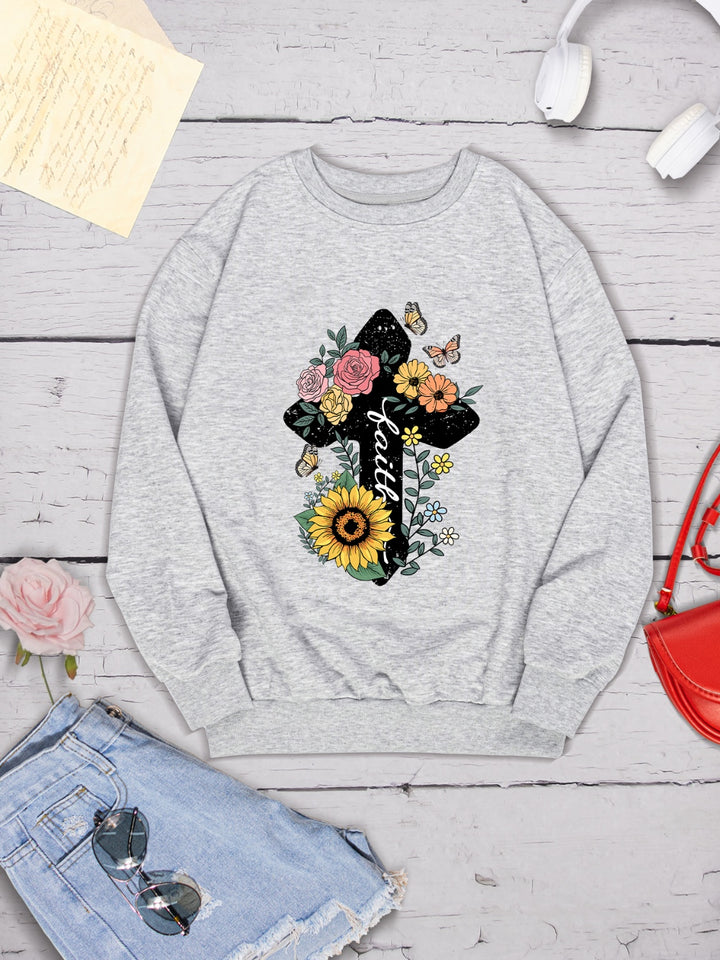 Graphic Round Neck Dropped Shoulder Sweatshirt | Trendsi