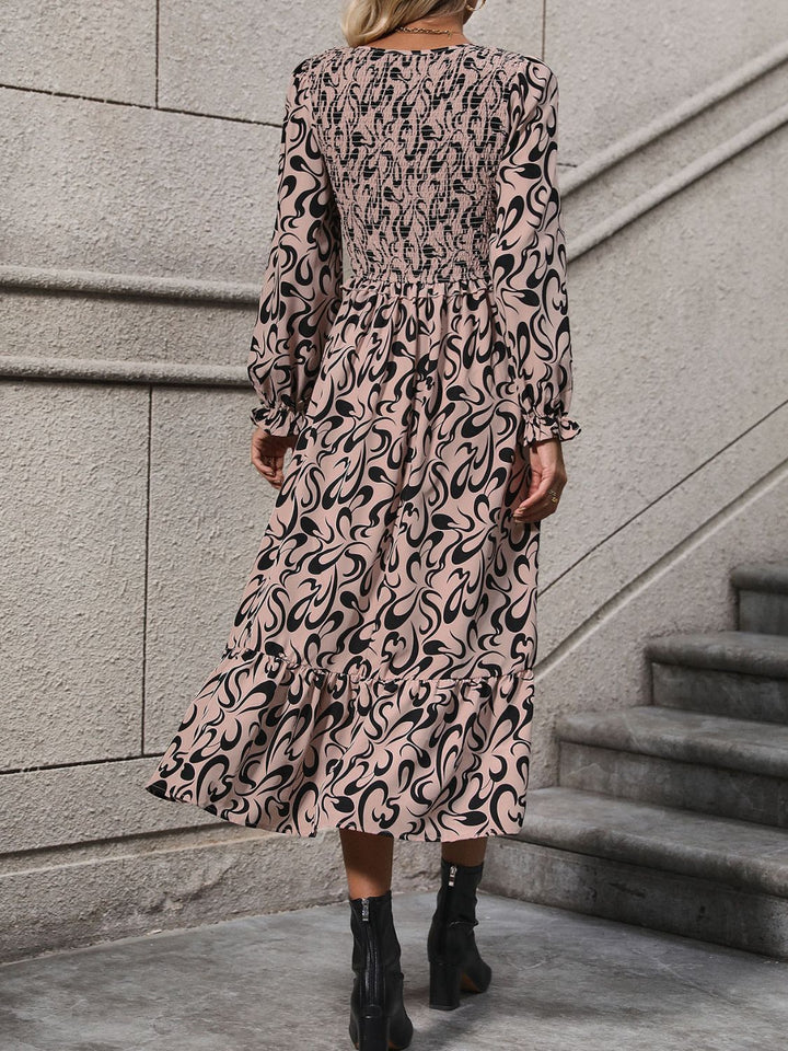 Printed V-Neck Long Sleeve Midi Dress | Trendsi