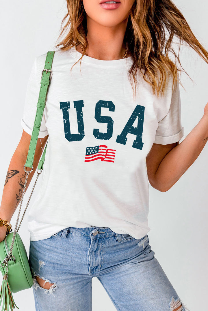 USA Round Neck Short Sleeve T-Shirt | Trendsi