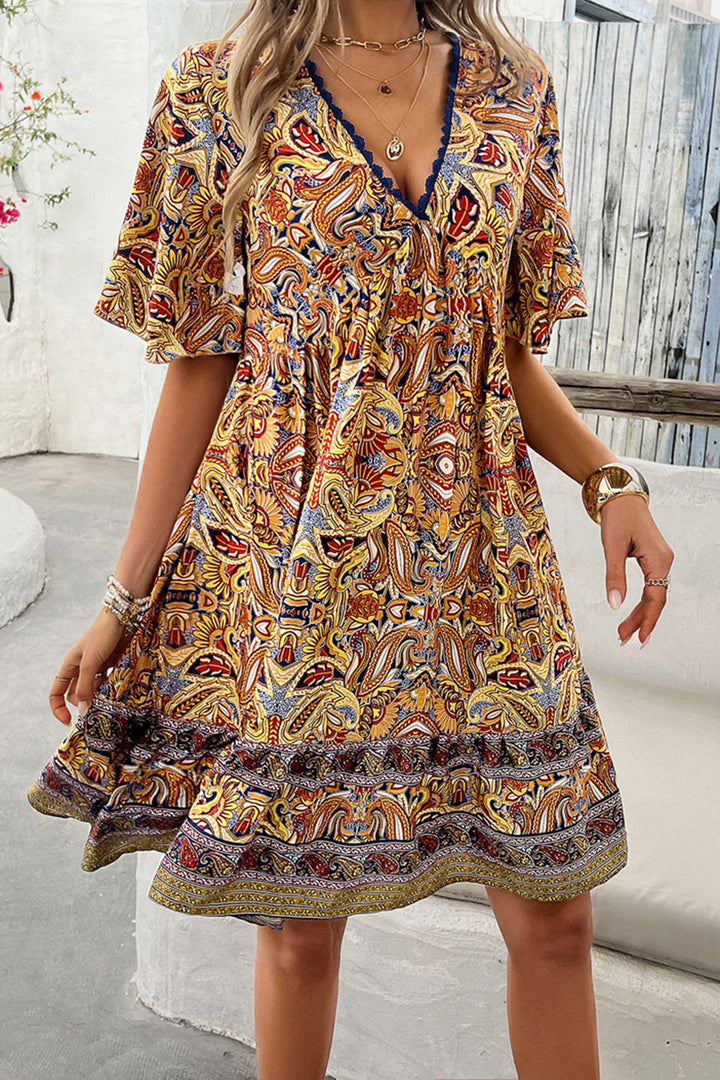 Printed V-Neck Half Sleeve Mini Dress | Trendsi