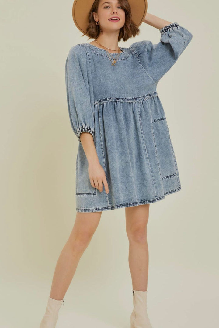 Cutout Round Neck Balloon Sleeve Denim Dress | Trendsi