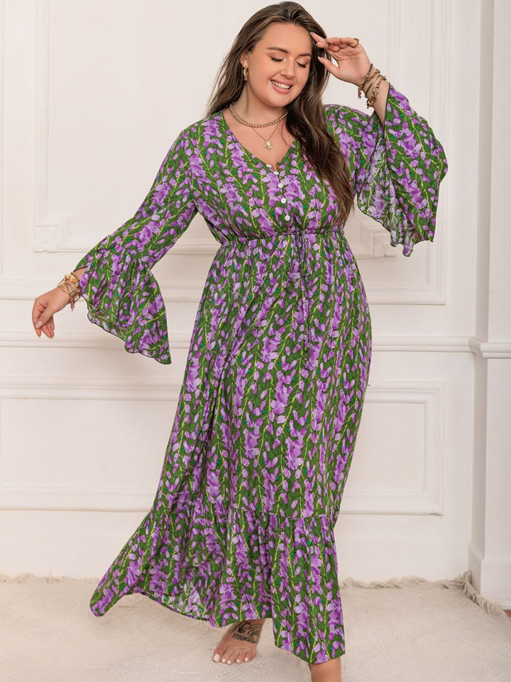 Plus Size Printed V-Neck Long Sleeve Maxi Dress | Trendsi