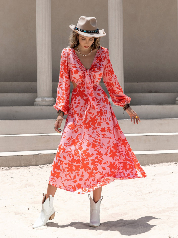 Tied Cutout Printed Long Sleeve Midi Dress | Trendsi