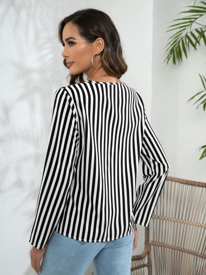 Striped Long Sleeve Notched Blouse | Trendsi