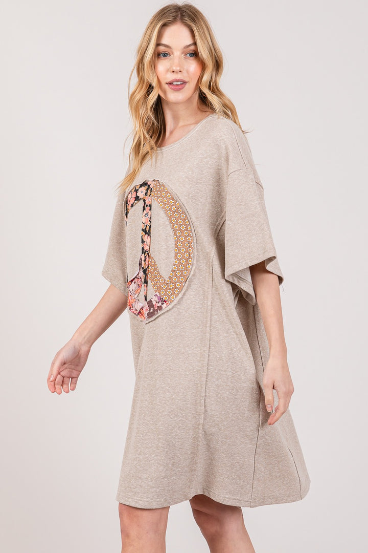 SAGE + FIG Full Size Peace Sign Applique Short Sleeve Tee Dress | Trendsi