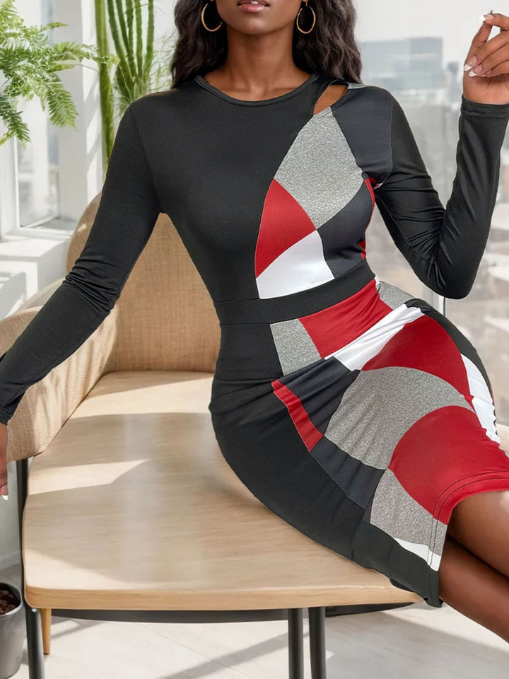 Cutout Color Block Round Neck Long Sleeve Dress | Trendsi