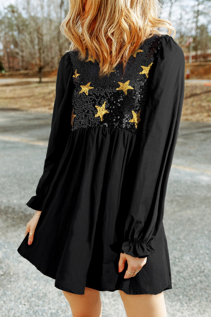 Sequin Star Round Neck Flounce Sleeve Mini Dress | Trendsi