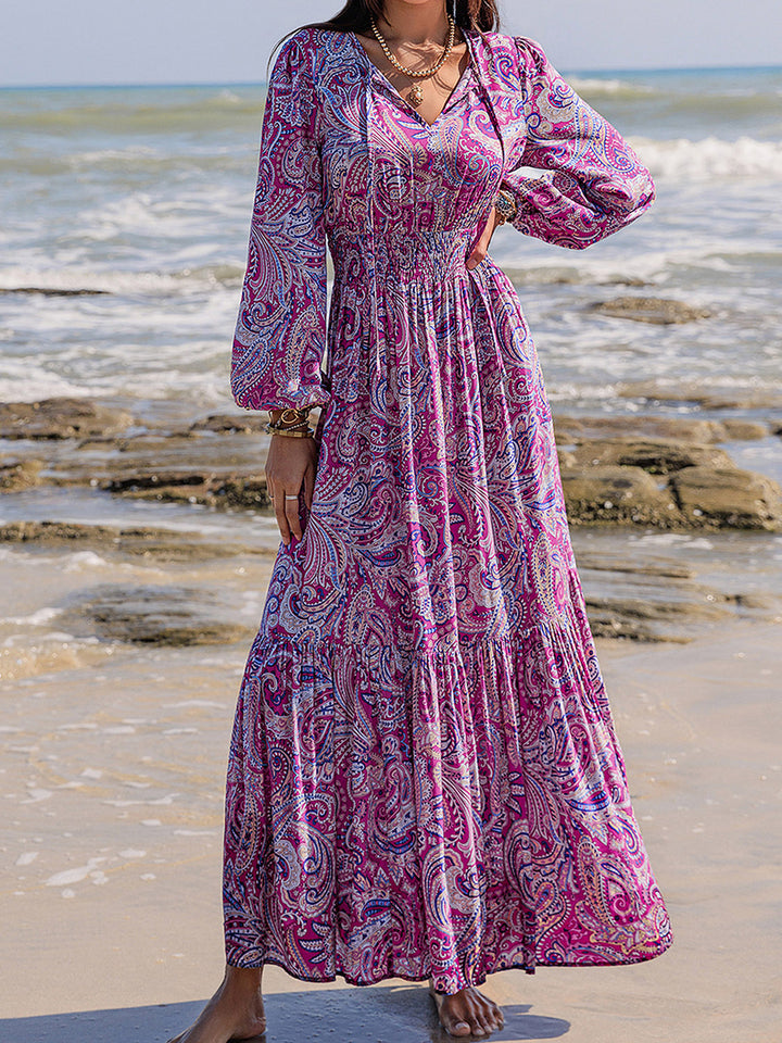 Printed Tie Neck Balloon Sleeve Maxi Dress | Trendsi