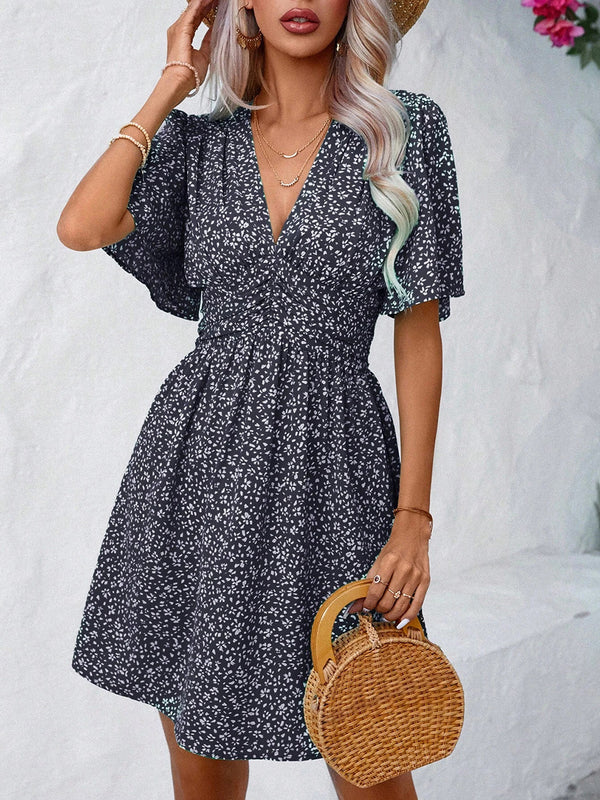 Printed V-Neck Half Sleeve Mini Dress | Trendsi