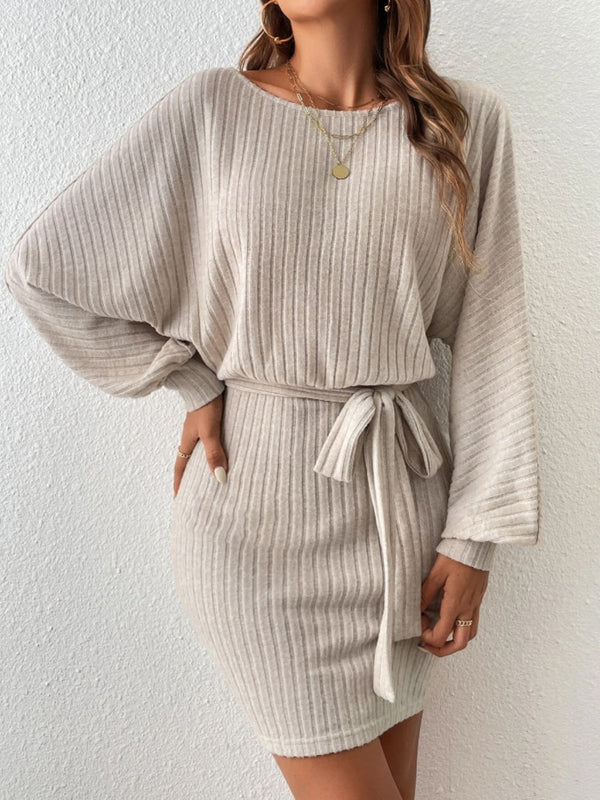 Round Neck Tie Waist Long Sleeve Mini Dress | Trendsi