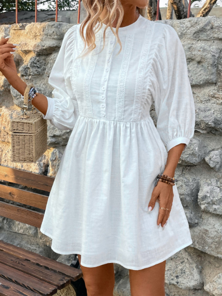 Lace Detail Half Button Three-Quarter Sleeve Dress | Trendsi