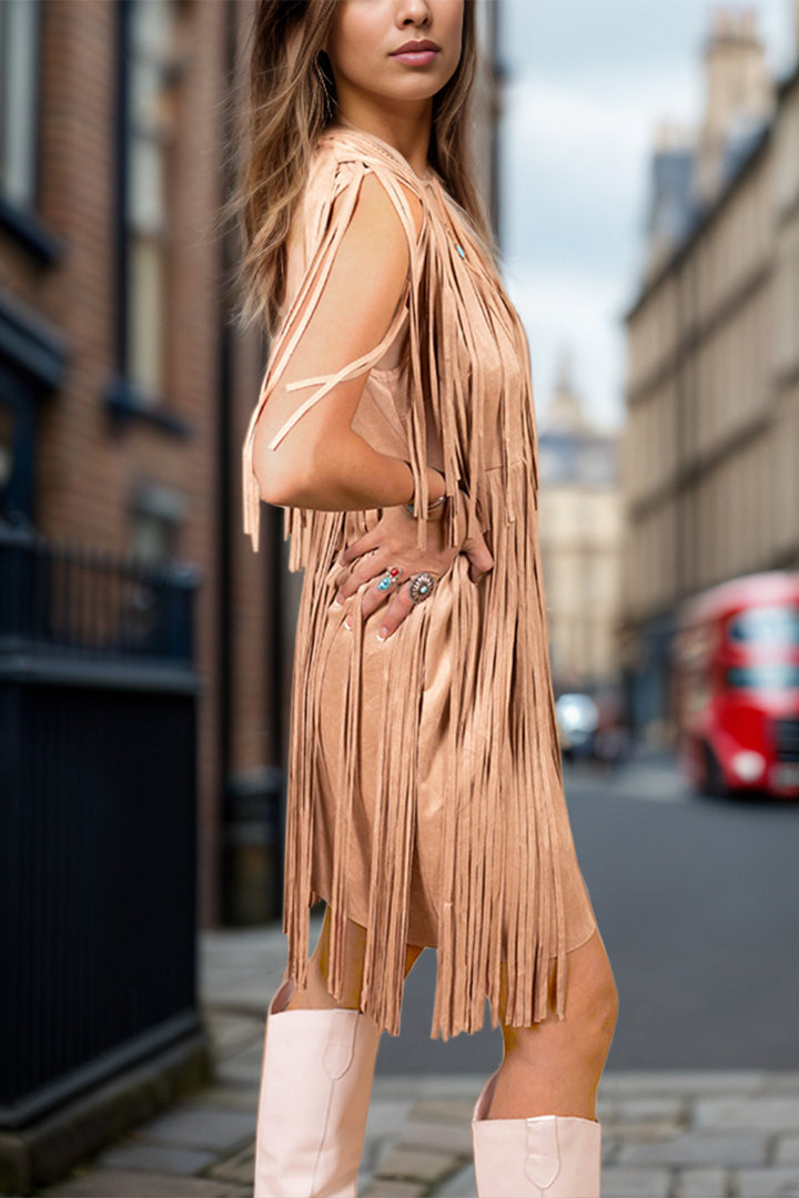 Full Size Fringe V-Neck Sleeveless Mini Dress | Trendsi