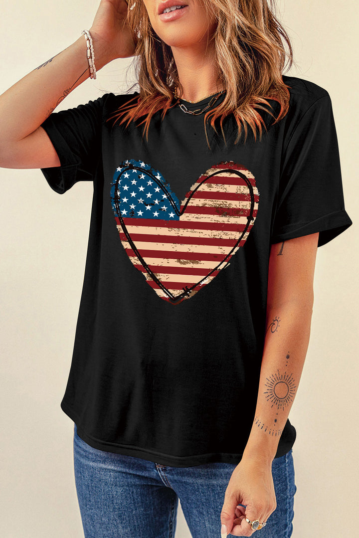 Stars and Stripes Heart Round Neck Short Sleeve T-Shirt | Trendsi