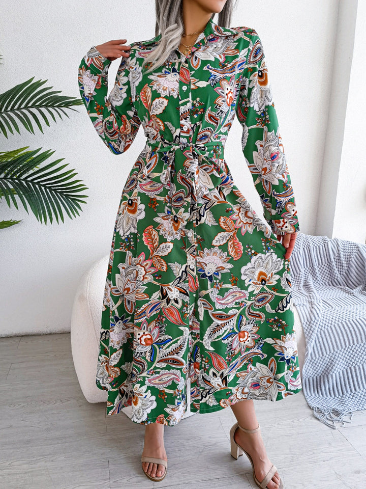 Tied Printed Long Sleeve Midi Dress | Trendsi