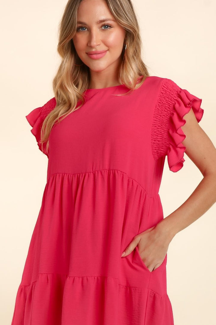 Haptics Full Size Smocking Ruffle Short Sleeve Dress with Pockets | Trendsi