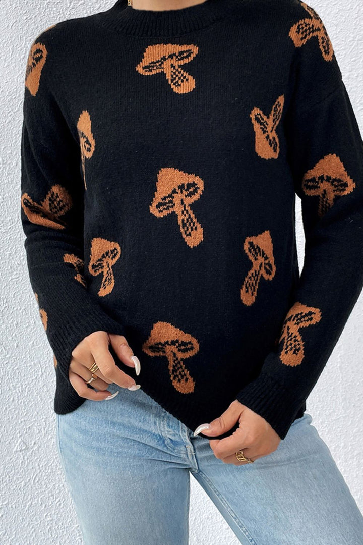 Graphic Mock Neck Dropped Shoulder Sweater | Trendsi