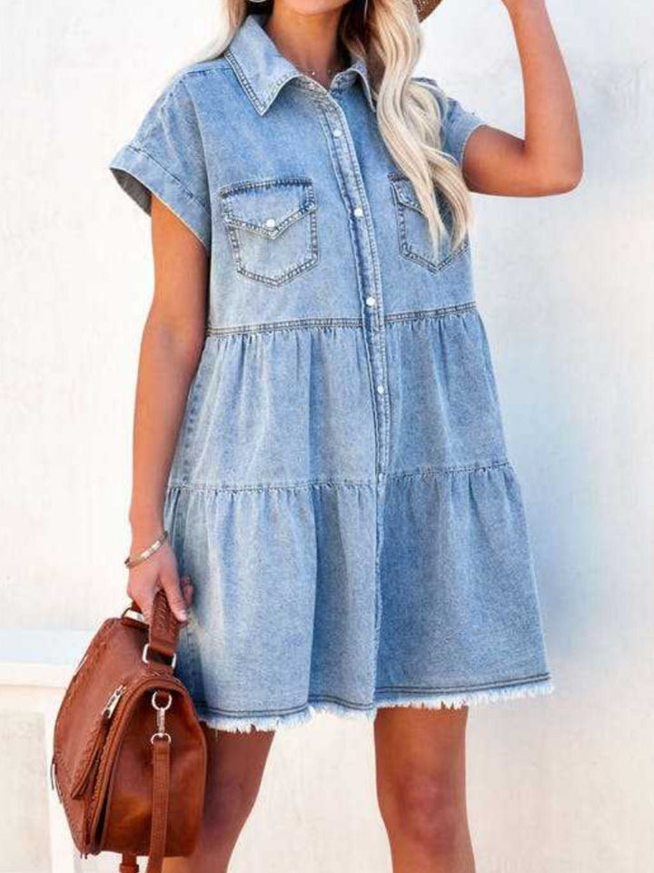 Raw Hem Short Sleeve Denim Dress | Trendsi