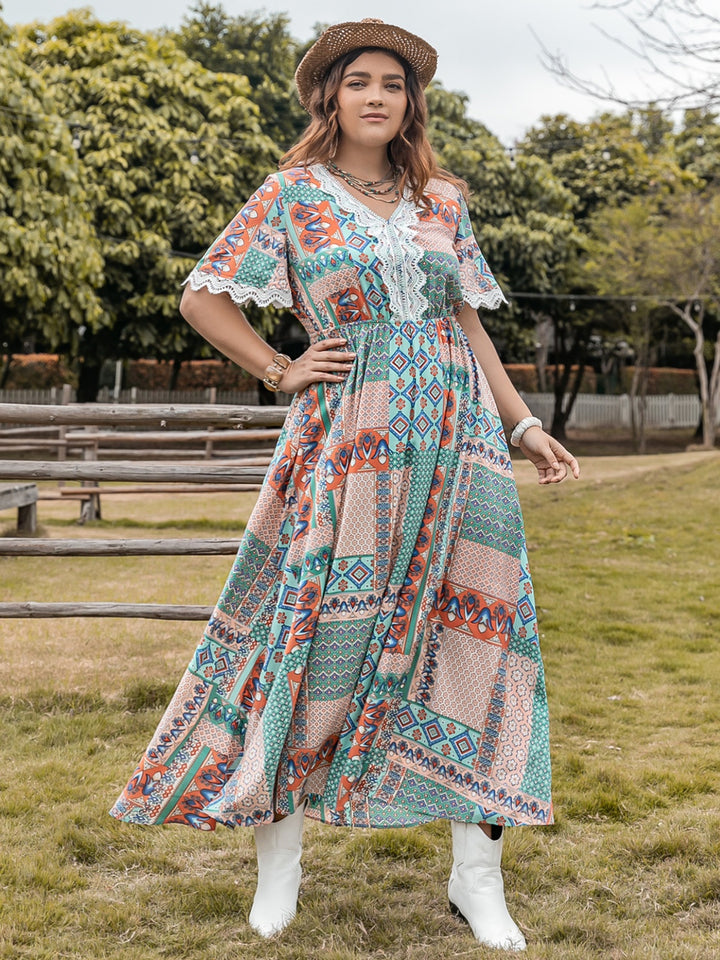 Plus Size Lace Detail Printed Half Sleeve Midi Dress | Trendsi