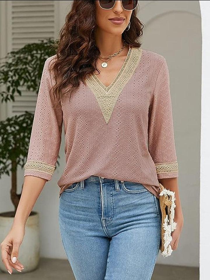 V-Neck Eyelet Blouse | Trendsi