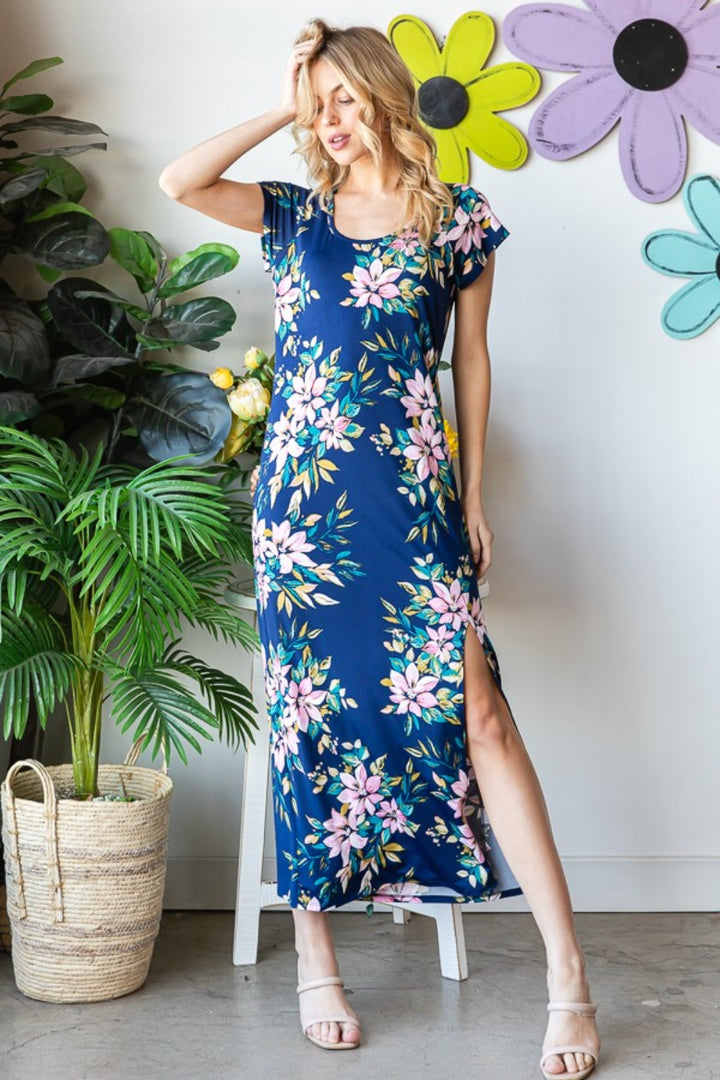 Heimish Full Size Floral Short Sleeve Slit Dress | Trendsi