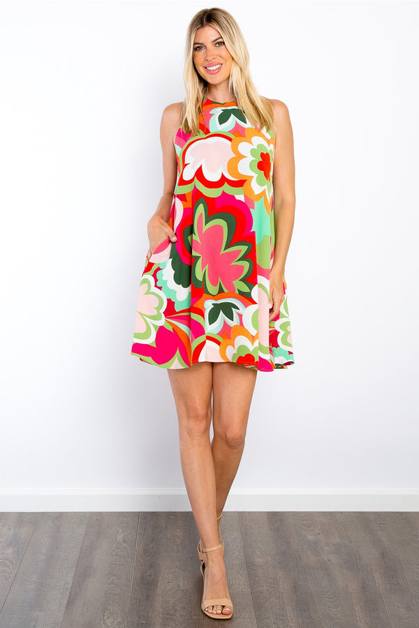 Be Stage Full Size Floral Sleeveless Mini Dress with Pockets | Trendsi