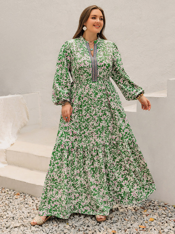 Plus Size Printed Notched Long Sleeve Maxi Dress | Trendsi