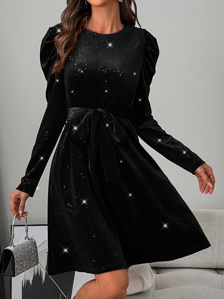 Glitter Round Neck Puff Sleeve Dress | Trendsi