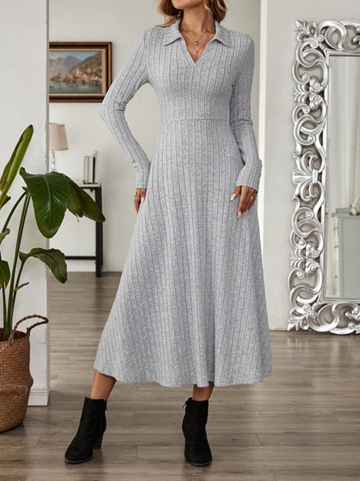 Ribbed Johnny Collar Long Sleeve Dress | Trendsi