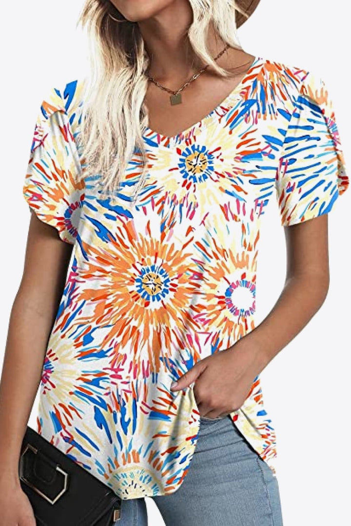 Printed Petal Sleeve V-Neck Blouse | Trendsi