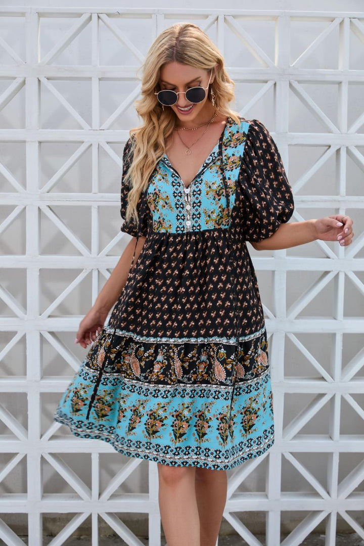 Printed Tie Neck Half Sleeve Dress | Trendsi