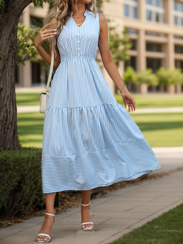 Striped Notched Sleeveless Midi Dress | Trendsi