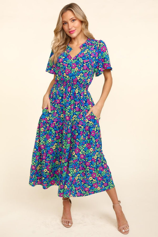 Haptics Printed Notched Short Sleeve Dress with Pockets | Trendsi