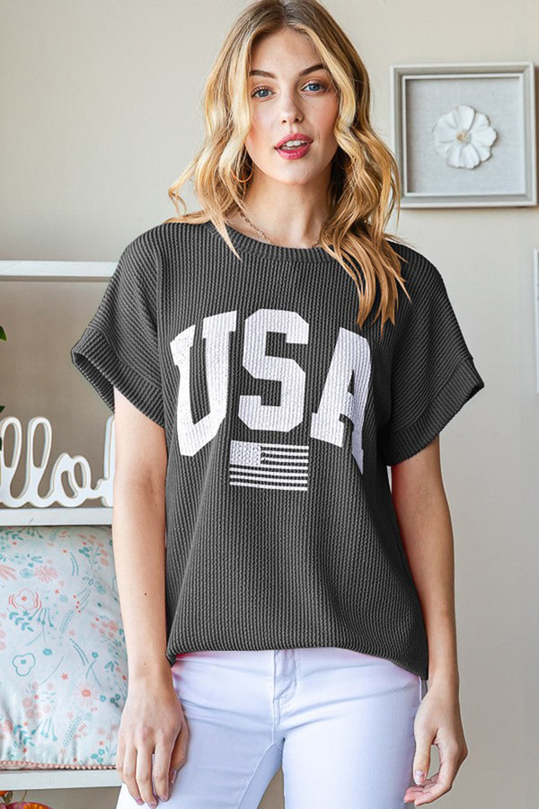 Heimish Full Size USA Graphic Short Sleeve Ribbed Top | Trendsi