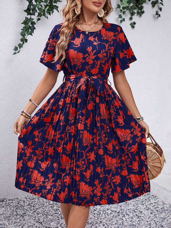 Printed Round Neck Short Sleeve Dress | Trendsi