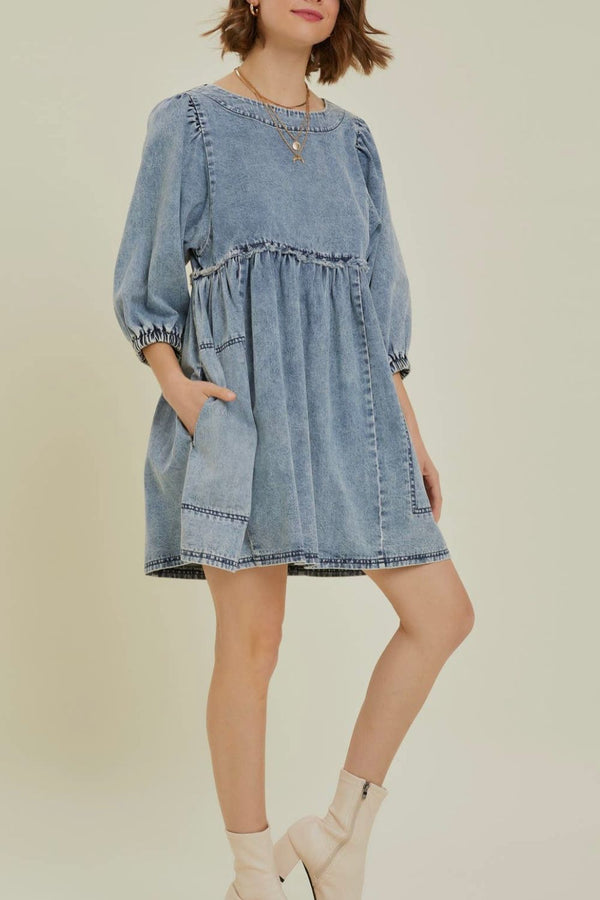 Cutout Round Neck Balloon Sleeve Denim Dress | Trendsi