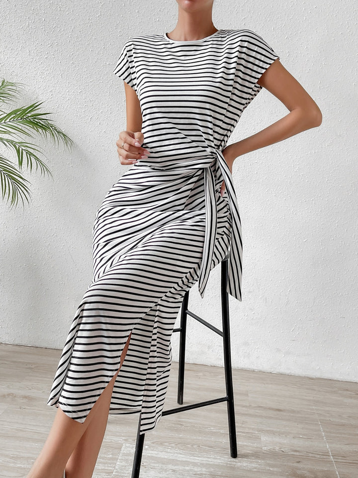 Tied Striped Round Neck Short Sleeve Tee Dress | Trendsi