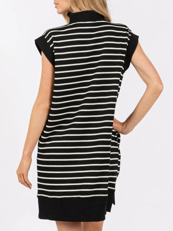 Full Size Pocketed Striped Quarter Zip Cap Sleeve Dress | Trendsi