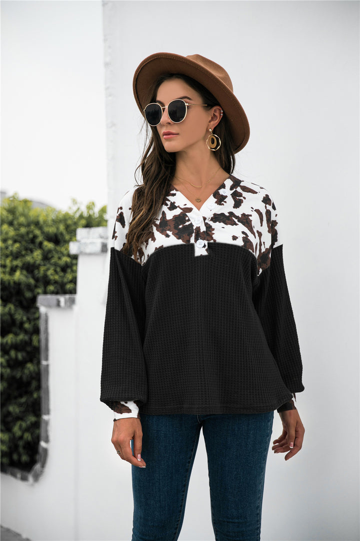 Animal Print Color Block Waffle-Knit Top | Trendsi