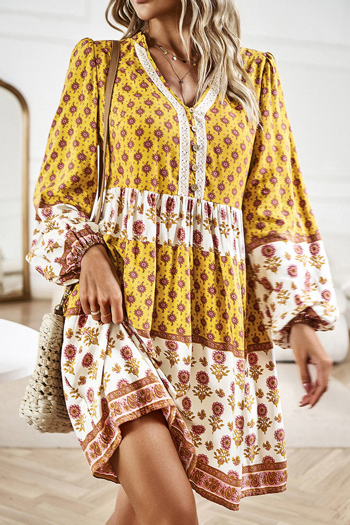 Printed V-Neck Long Sleeve Dress | Trendsi