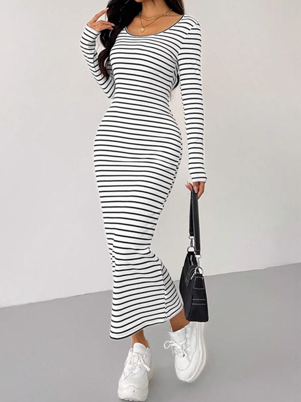 Striped Scoop Neck Long Sleeve Midi Tee Dress | Trendsi