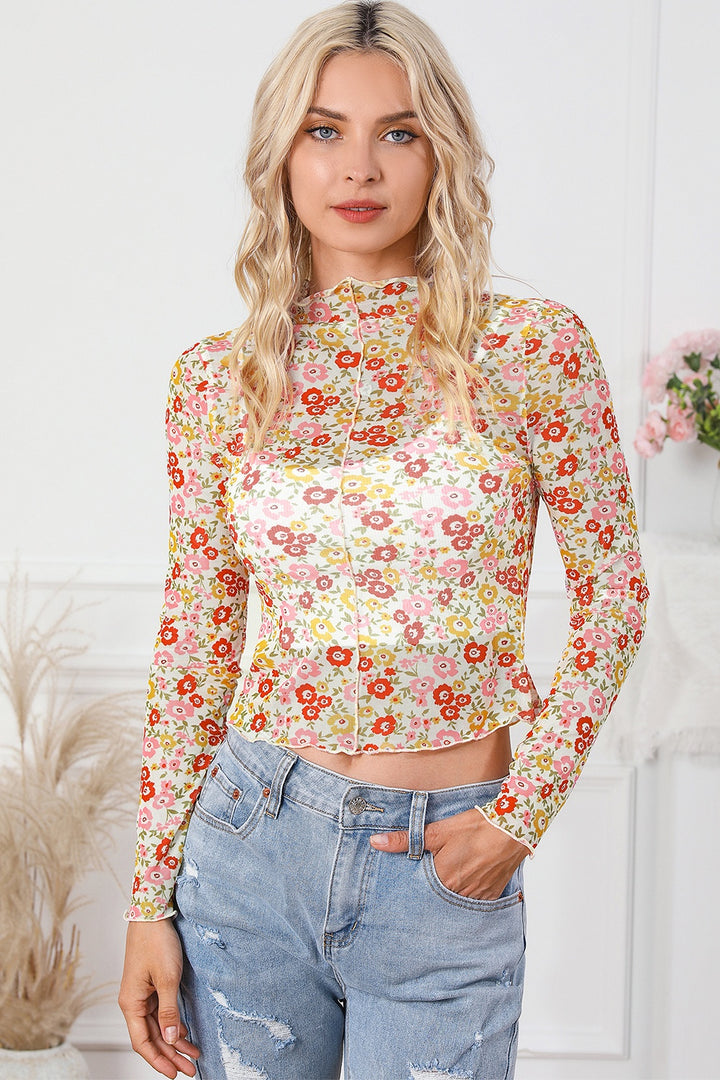 Floral Mock Neck Long Sleeve Blouse | Trendsi