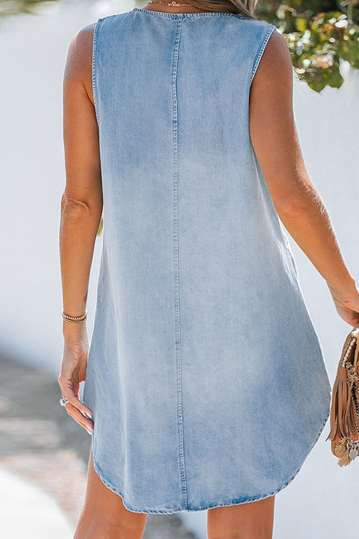 Notched Sleeveless Denim Dress | Trendsi